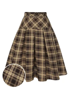 New Retro Stage 1950s Plaid Pleated Skirt Light Brown
