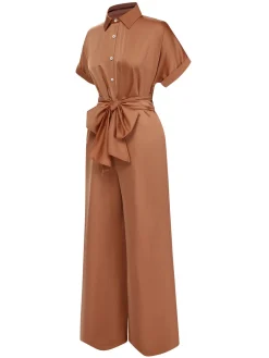 Sale Retro Stage 1930s Solid Belted Jumpsuit Light Brown