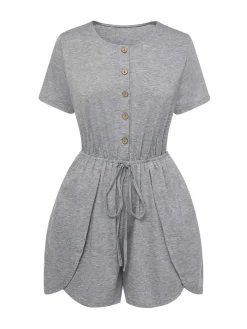 Discount Retro Stage 1950s Round Neck Solid Romper Light Gray