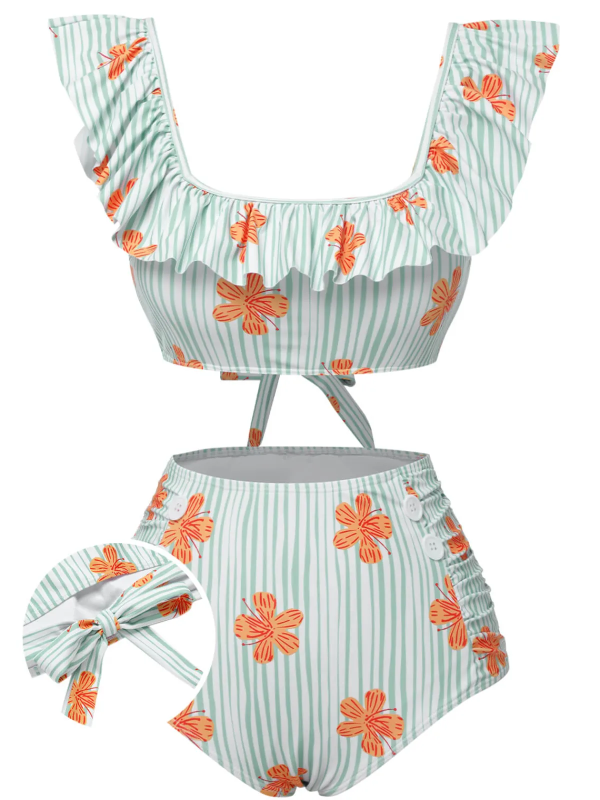Discount Retro Stage 1950s Floral Stripe Ruffle Swimsuit Light Green