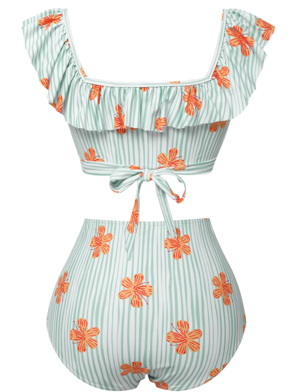 Discount Retro Stage 1950s Floral Stripe Ruffle Swimsuit Light Green