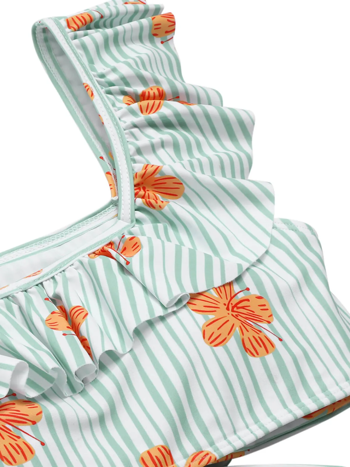 Discount Retro Stage 1950s Floral Stripe Ruffle Swimsuit Light Green