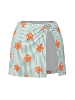 Outlet Retro Stage 1950s Floral Stripe Skirt Cover-Up Light Green
