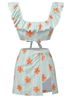 Sale Retro Stage 1950s Floral Stripe Swimsuit & Skirt Cover-Up Light Green