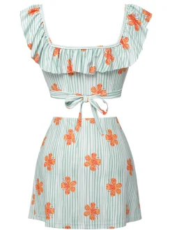 Sale Retro Stage 1950s Floral Stripe Swimsuit & Skirt Cover-Up Light Green