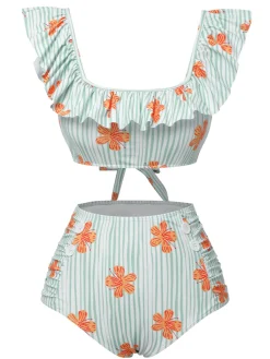 Sale Retro Stage 1950s Floral Stripe Swimsuit & Skirt Cover-Up Light Green