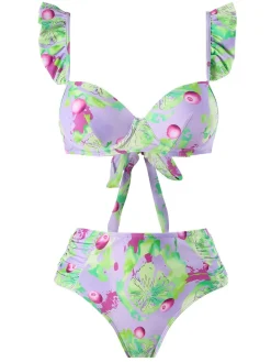 Sale Retro Stage 1940s Grape Ruffle Swimsuit Light Green