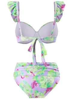 Sale Retro Stage 1940s Grape Ruffle Swimsuit Light Green