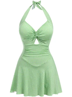 Hot Retro Stage Light Green 1930s Plaid Halter One-Piece Swimsuit