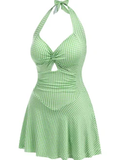 Hot Retro Stage Light Green 1930s Plaid Halter One-Piece Swimsuit
