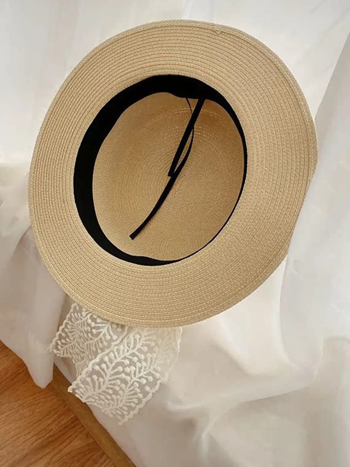 New Retro Stage Light Khaki Vintage Ribbon Straw Sun Hat
