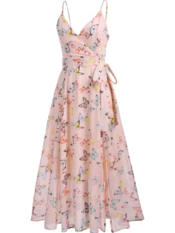 Fashion Retro Stage Butterfly Strap Lace-up Vintage Dress Light Pink