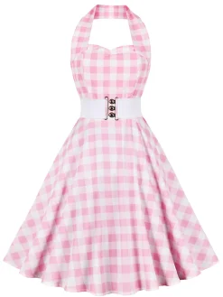 Clearance Retro Stage 1950s Halter Plaids Belted Dress Light Pink