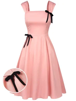 Outlet Retro Stage 1940s Solid Bow Dress Light Pink