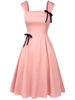 Outlet Retro Stage 1940s Solid Bow Dress Light Pink