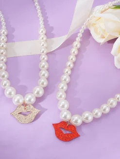 Online Retro Stage Lips Pendant Pearl Vintage Necklace