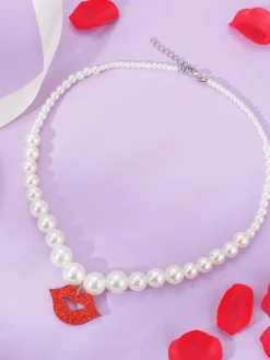 Online Retro Stage Lips Pendant Pearl Vintage Necklace