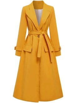Clearance Retro Stage Mango 1930s Solid Lapel Long Coat Yellow