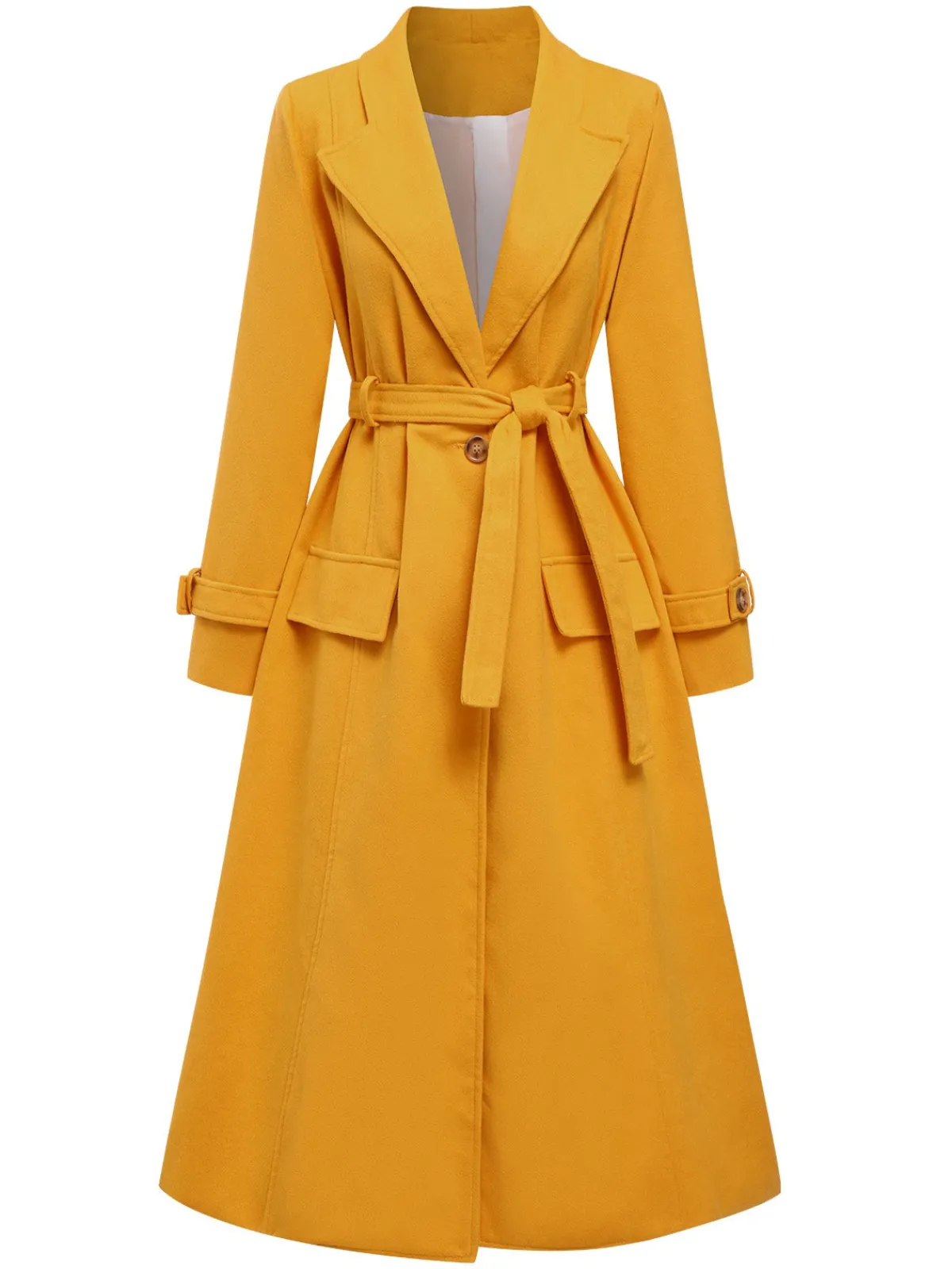 Clearance Retro Stage Mango 1930s Solid Lapel Long Coat Yellow