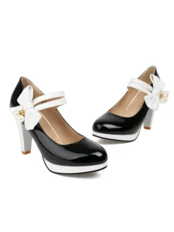 Best Retro Stage Mary Jane Color Block Side Bow High Heel Shoes