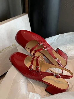 Discount Retro Stage Mary Jane Double-strap Slingbacks Chunky Heels Wine Red