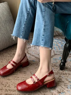 Discount Retro Stage Mary Jane Double-strap Slingbacks Chunky Heels Wine Red