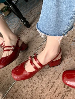 Discount Retro Stage Mary Jane Double-strap Slingbacks Chunky Heels Wine Red