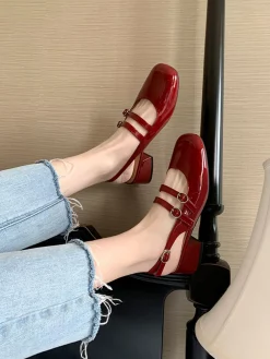 Discount Retro Stage Mary Jane Double-strap Slingbacks Chunky Heels Wine Red