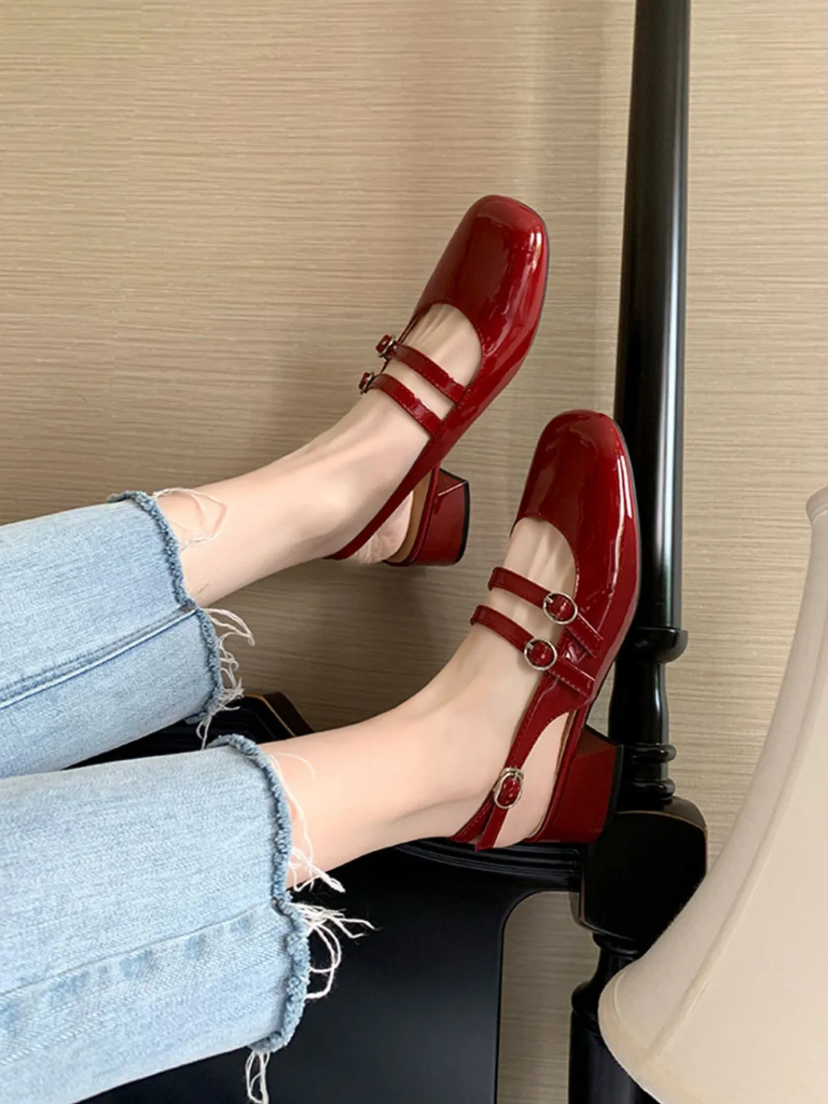 Discount Retro Stage Mary Jane Double-strap Slingbacks Chunky Heels Wine Red