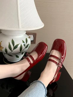 Discount Retro Stage Mary Jane Double-strap Slingbacks Chunky Heels Wine Red