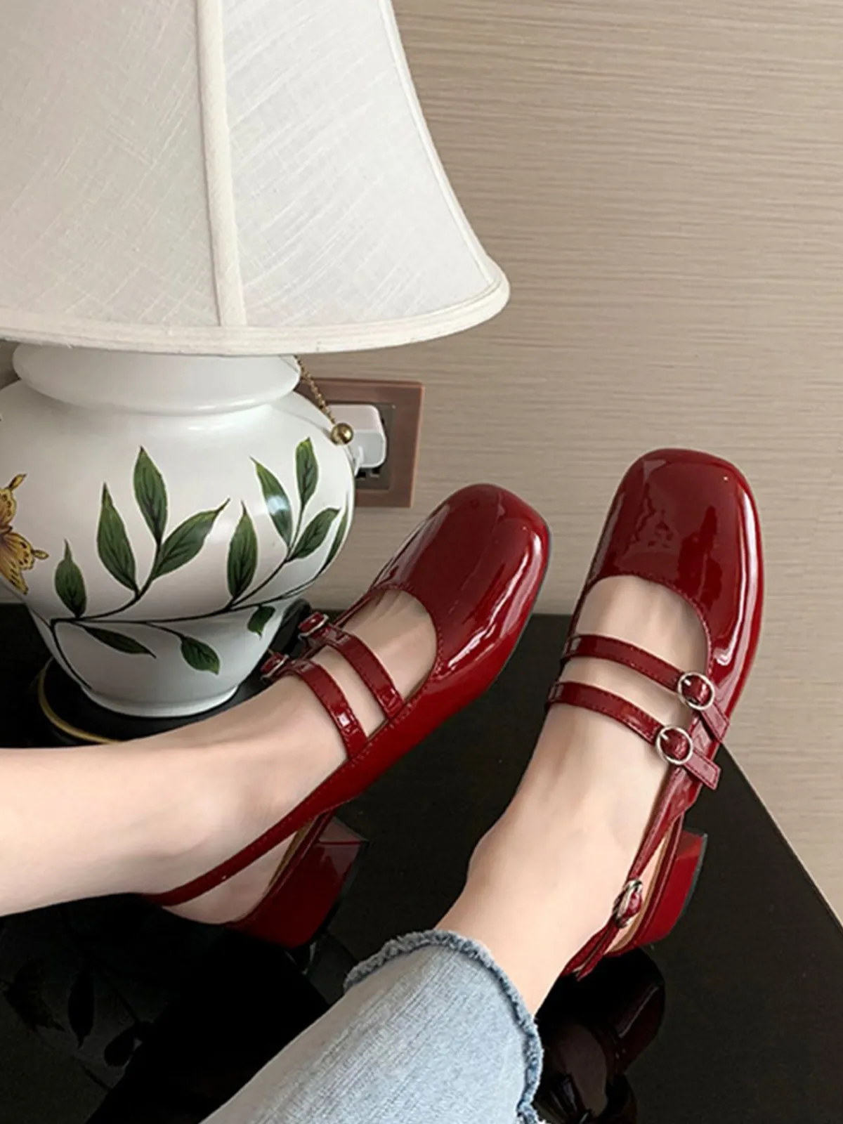 Discount Retro Stage Mary Jane Double-strap Slingbacks Chunky Heels Wine Red