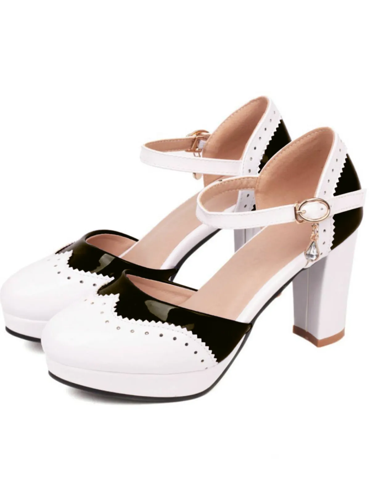 Online Retro Stage Mary Jane Patchwork High Heels Shoes