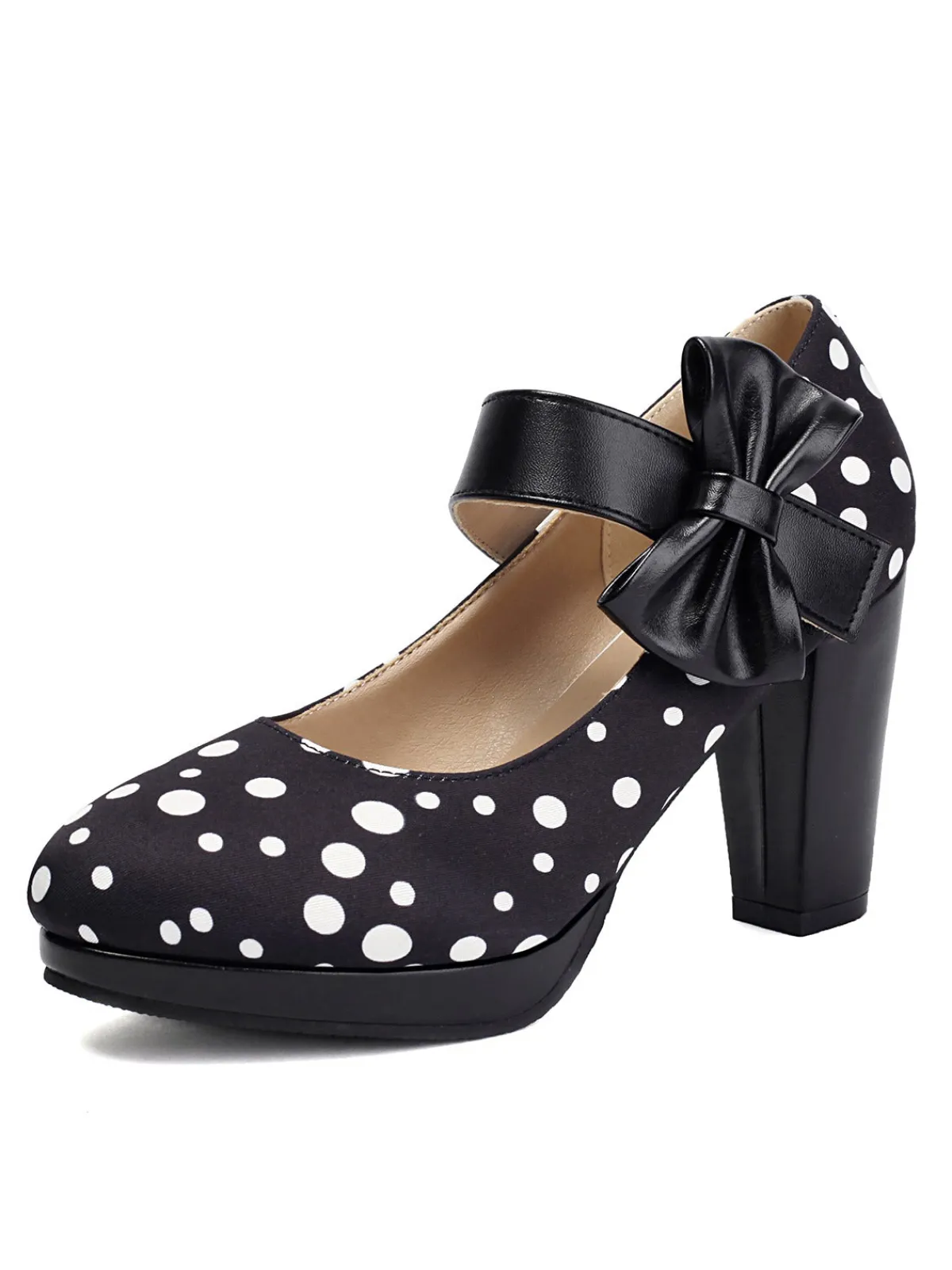 Fashion Retro Stage Mary Jane Polka Dots Bowknot Chunky Heels