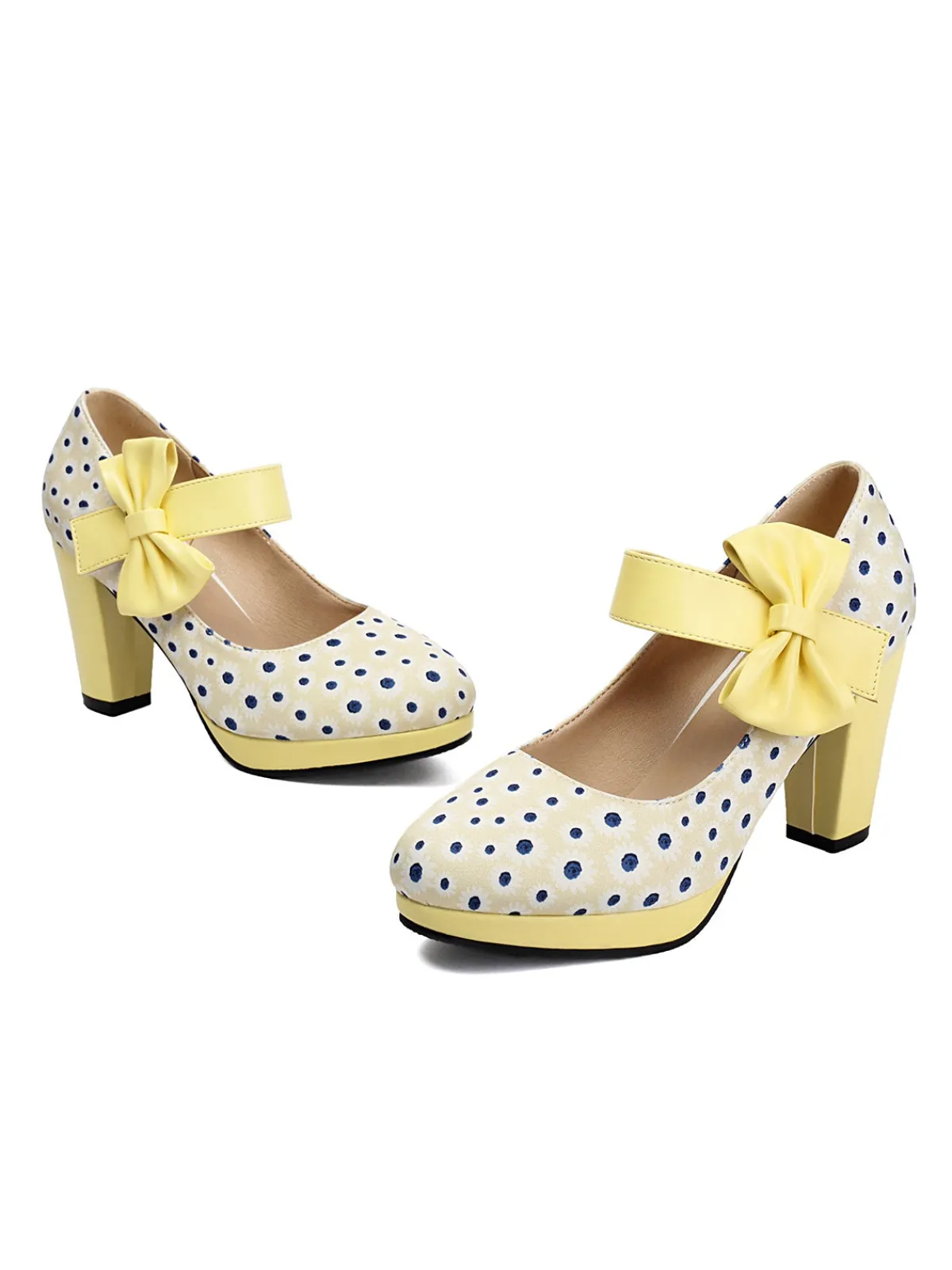 Fashion Retro Stage Mary Jane Polka Dots Bowknot Chunky Heels