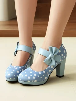 Fashion Retro Stage Mary Jane Polka Dots Bowknot Chunky Heels