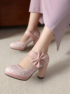 Fashion Retro Stage Mary Jane Polka Dots Bowknot Chunky Heels