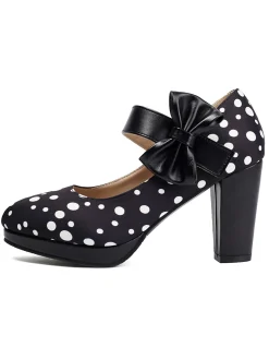 Fashion Retro Stage Mary Jane Polka Dots Bowknot Chunky Heels
