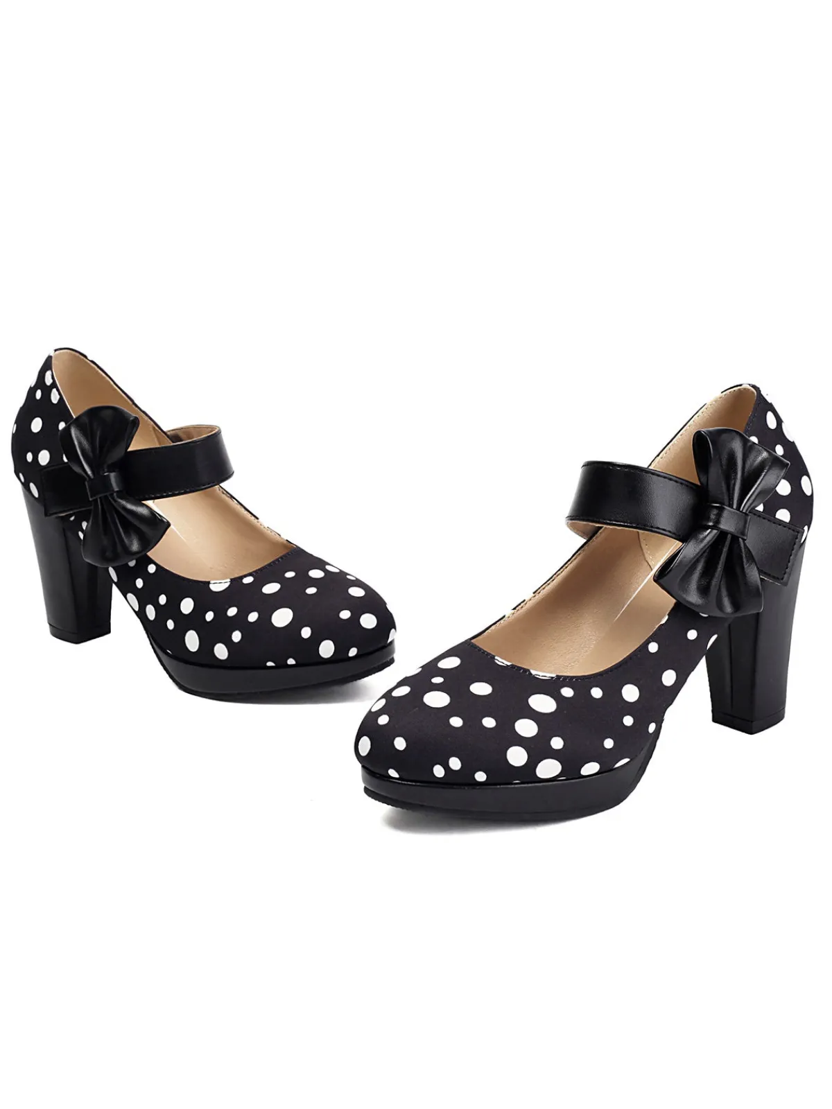 Fashion Retro Stage Mary Jane Polka Dots Bowknot Chunky Heels