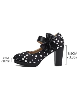 Fashion Retro Stage Mary Jane Polka Dots Bowknot Chunky Heels