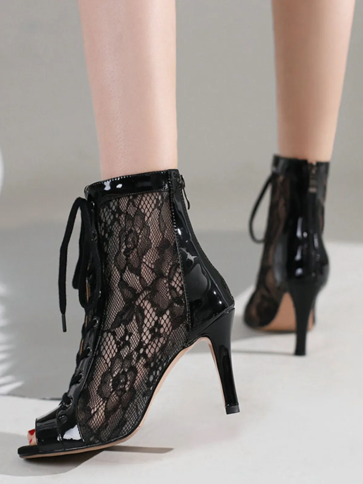 Online Retro Stage Mesh Patchwork Peep Toe High Heel Sandals