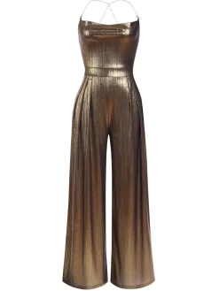 Outlet Retro Stage Metallic Gold 1980s Cowl Neck Spaghetti Strap Jumpsuit
