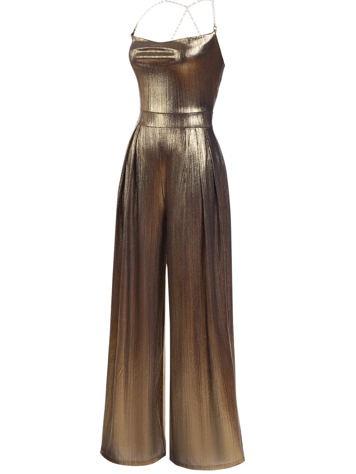 Outlet Retro Stage Metallic Gold 1980s Cowl Neck Spaghetti Strap Jumpsuit