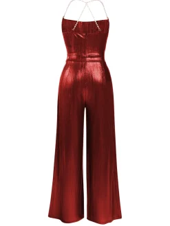 Outlet Retro Stage Metallic Gold 1980s Cowl Neck Spaghetti Strap Jumpsuit