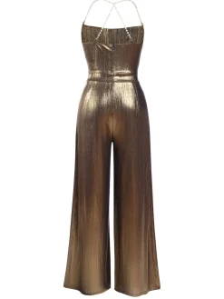 Outlet Retro Stage Metallic Gold 1980s Cowl Neck Spaghetti Strap Jumpsuit