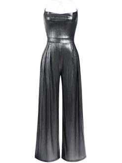 Outlet Retro Stage Metallic Gold 1980s Cowl Neck Spaghetti Strap Jumpsuit