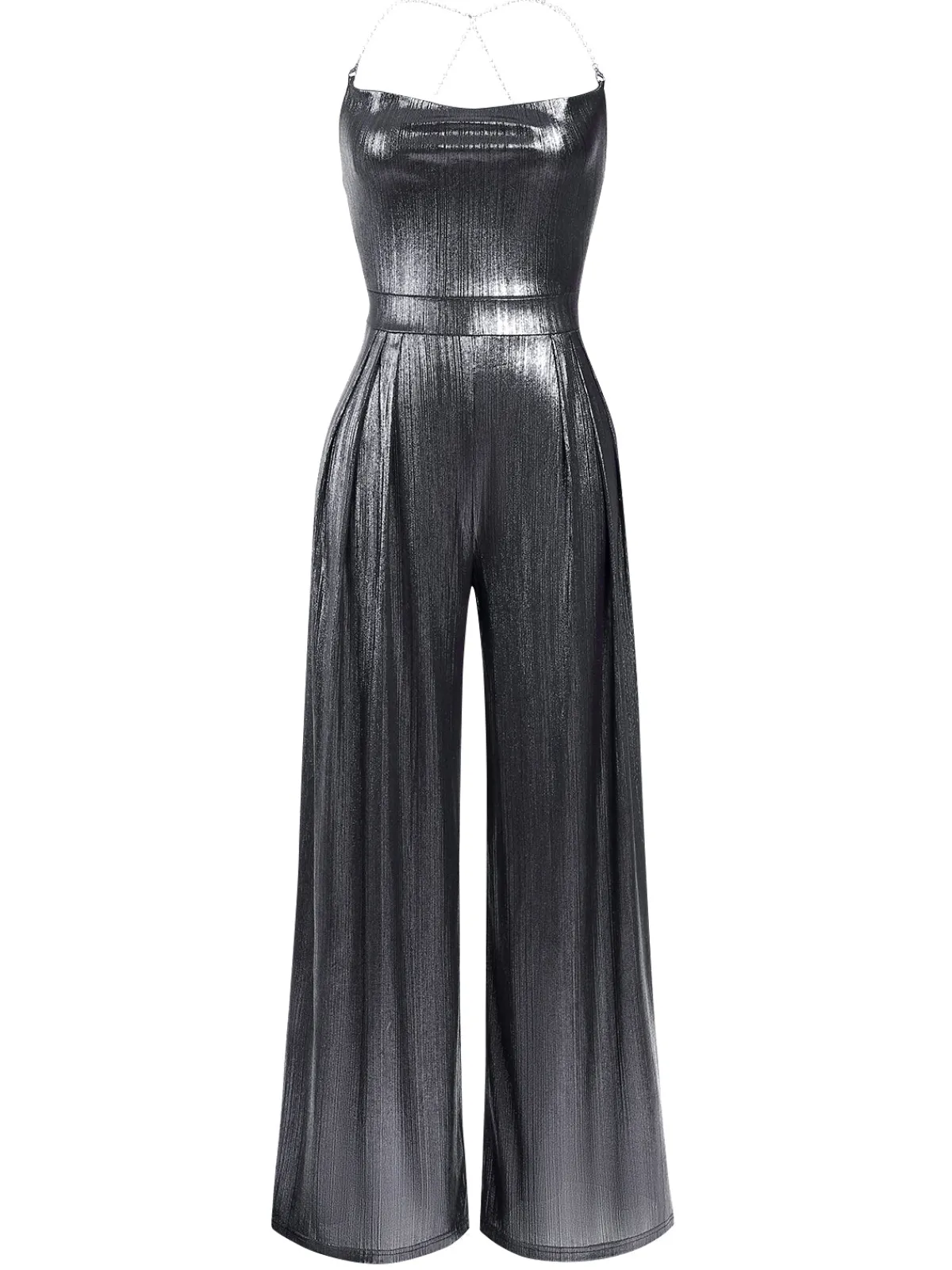 Outlet Retro Stage Metallic Gold 1980s Cowl Neck Spaghetti Strap Jumpsuit