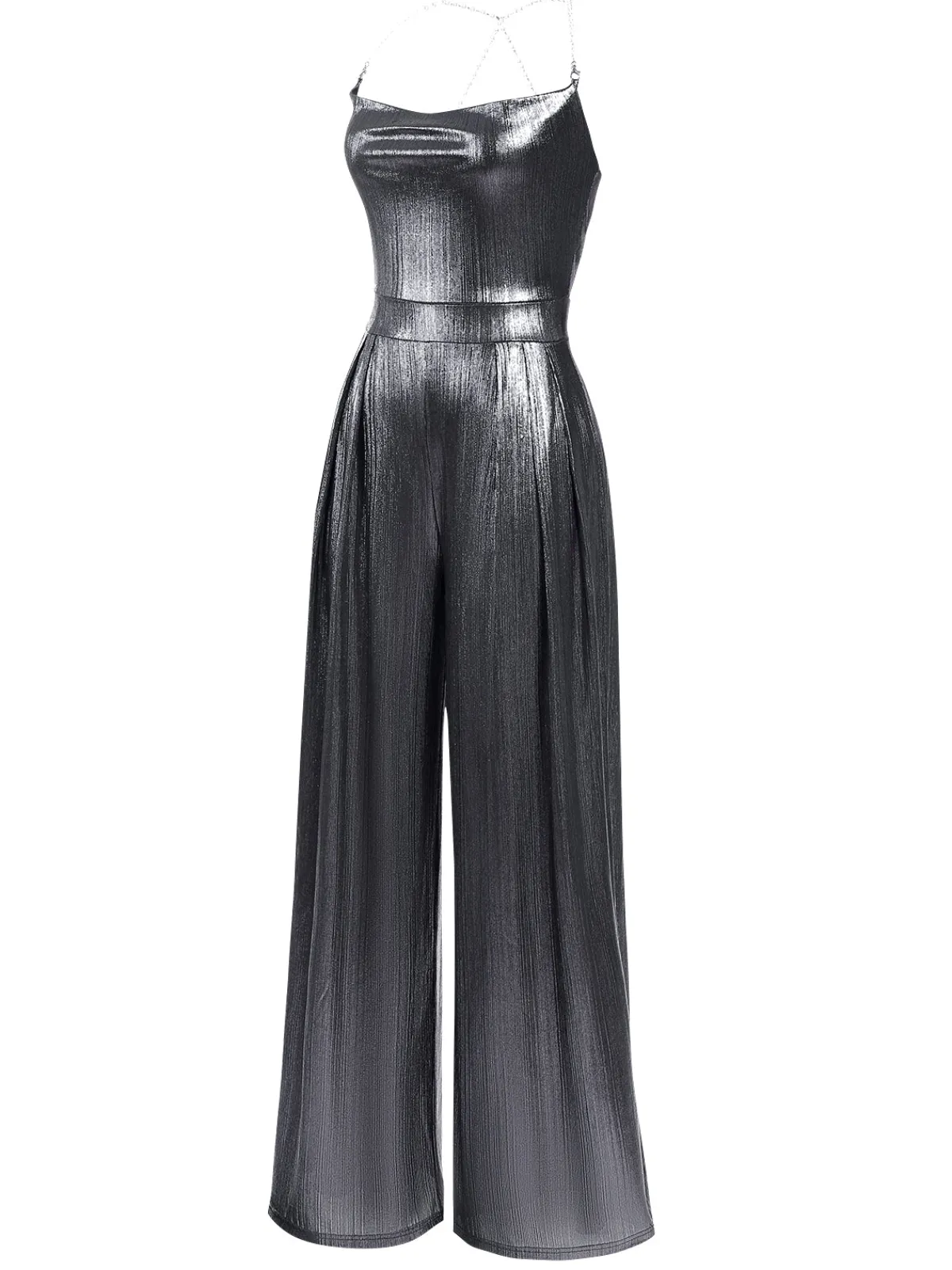 Outlet Retro Stage Metallic Gold 1980s Cowl Neck Spaghetti Strap Jumpsuit