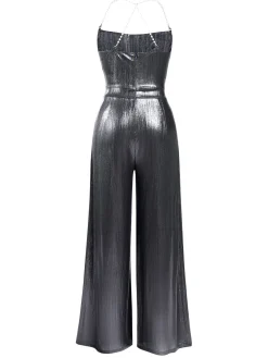 Outlet Retro Stage Metallic Gold 1980s Cowl Neck Spaghetti Strap Jumpsuit