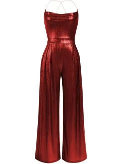 Hot Retro Stage Metallic Red 1980s Cowl Neck Spaghetti Strap Jumpsuit