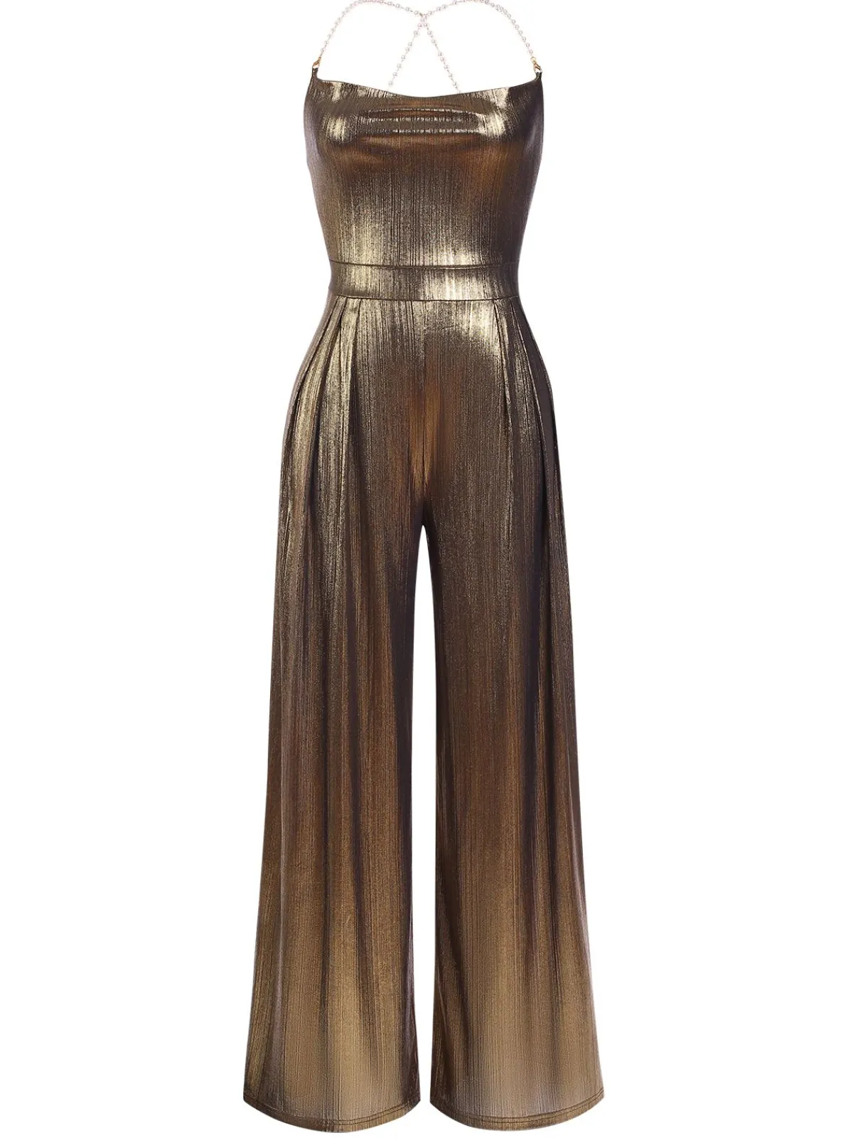 Hot Retro Stage Metallic Red 1980s Cowl Neck Spaghetti Strap Jumpsuit